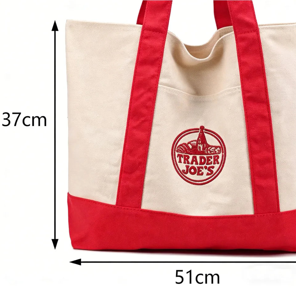 Trader Joe Large Tote Shopping Bag Cotton Canvas Embroidered Bag