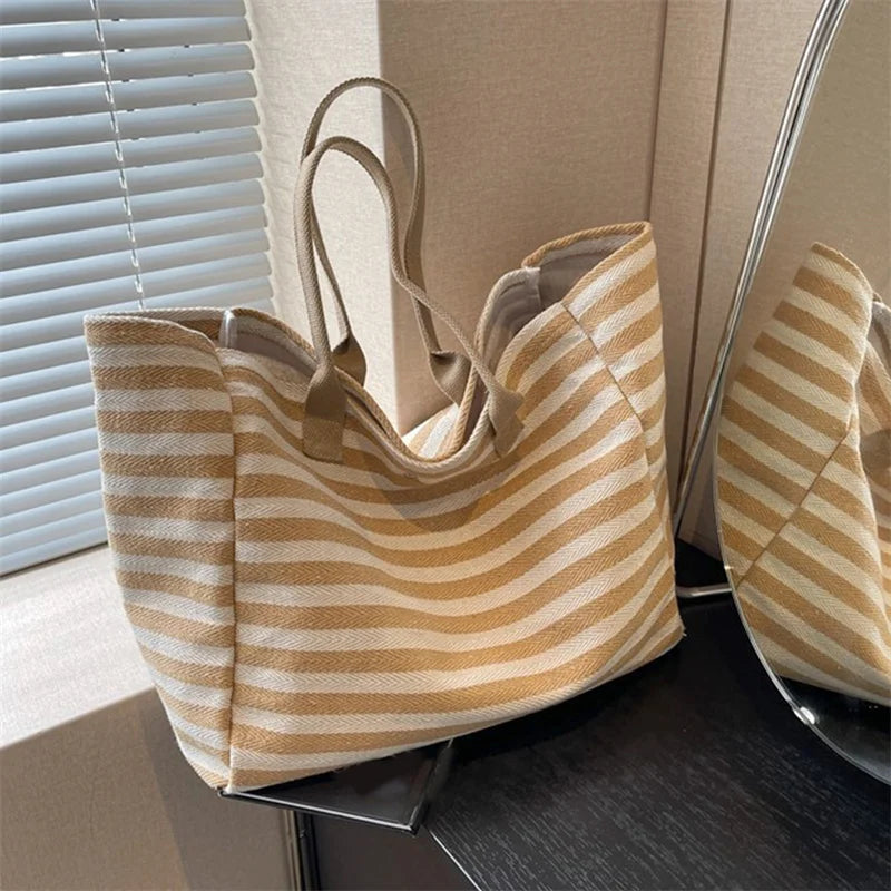 Casual Striped Canvas Bag For Women Large Capacity Shoulder Bag Daily Shopping Totes Student Bookbag for School Travel Beach Bag