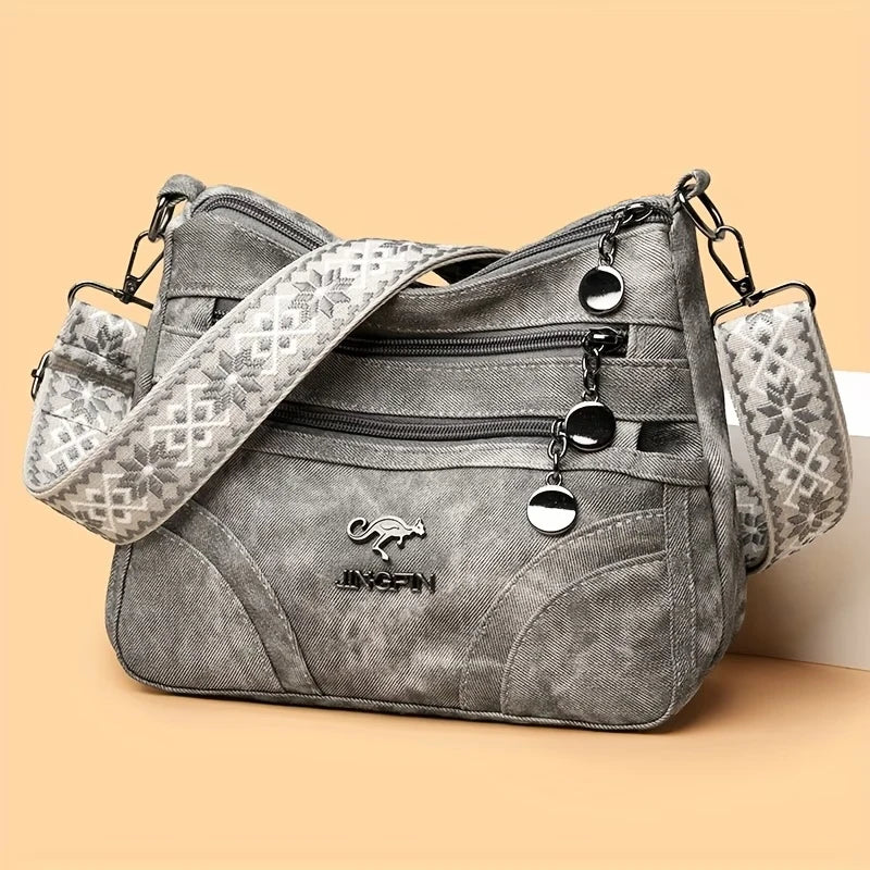Women Vintage Grey Canvas Shoulder Bag Multi Pocket Crossbody Messenger Bag with Patterned Strap Casual Hobo Handbag for Daily
