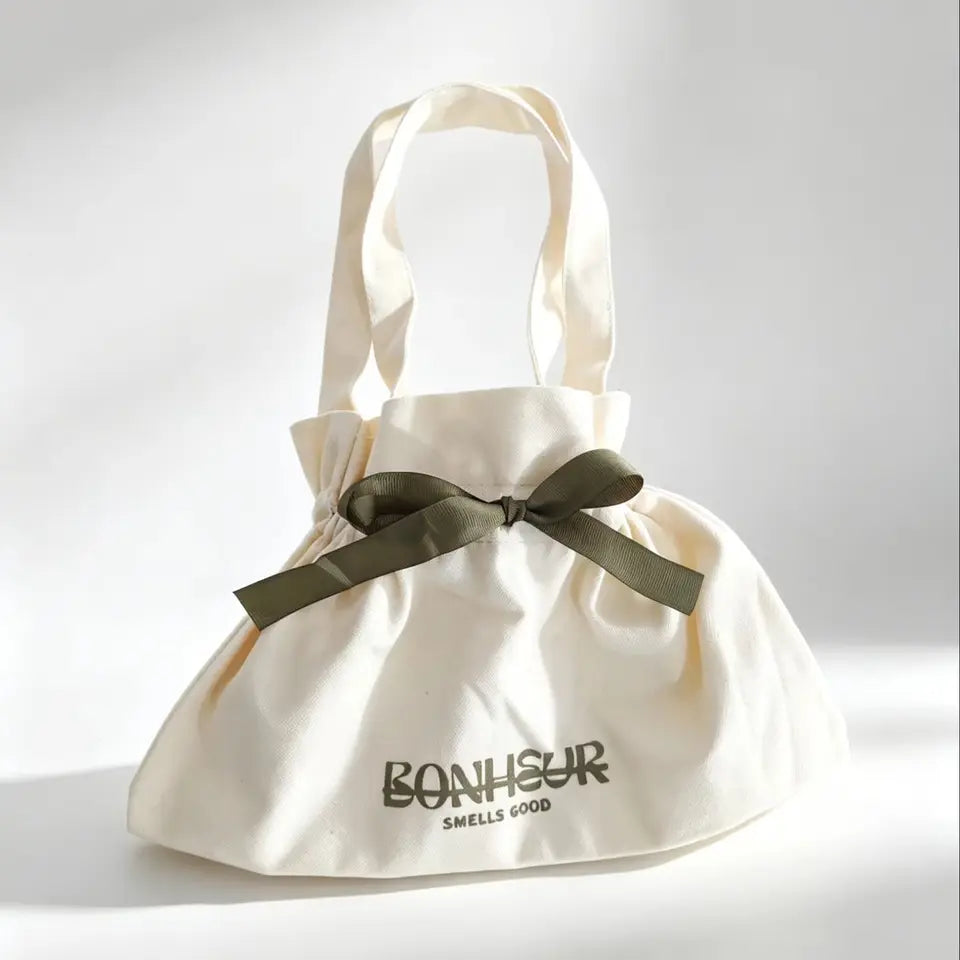 Wholesale 100pcs/lot Custom Logo Printed Reusable Cotton Canvas Drawstring Tote Bag with Bowknot Cosmetic Gift Jewelry Packaging