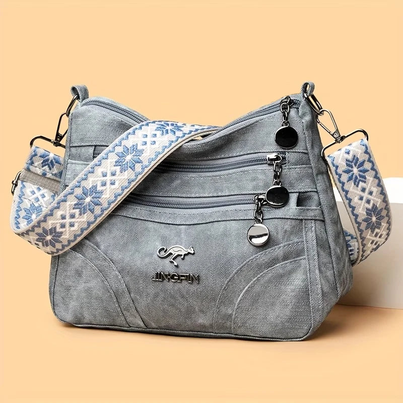 Women Vintage Grey Canvas Shoulder Bag Multi Pocket Crossbody Messenger Bag with Patterned Strap Casual Hobo Handbag for Daily