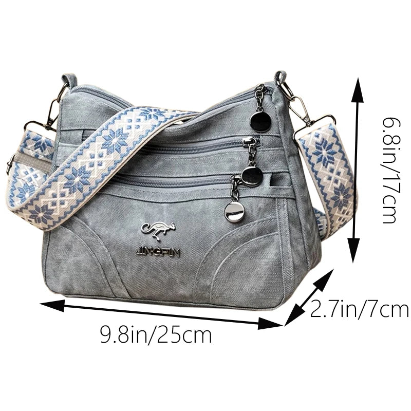 Women Vintage Grey Canvas Shoulder Bag Multi Pocket Crossbody Messenger Bag with Patterned Strap Casual Hobo Handbag for Daily