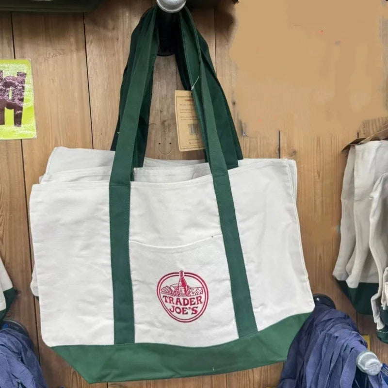 Trader Joe Large Tote Shopping Bag Cotton Canvas Embroidered Bag