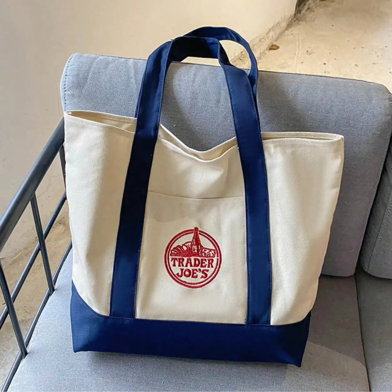 Trader Joe Large Tote Shopping Bag Cotton Canvas Embroidered Bag