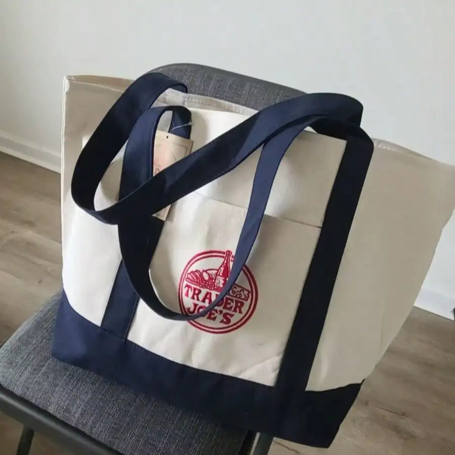 Trader Joe Large Tote Shopping Bag Cotton Canvas Embroidered Bag