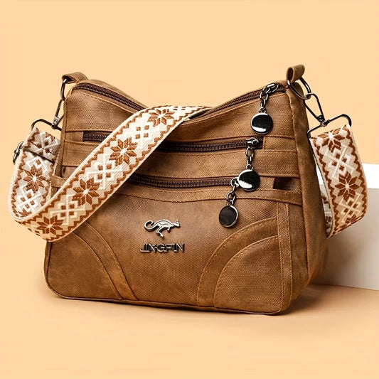 Women Vintage Grey Canvas Shoulder Bag Multi Pocket Crossbody Messenger Bag with Patterned Strap Casual Hobo Handbag for Daily
