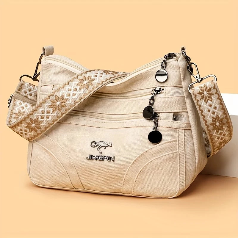 Women Vintage Grey Canvas Shoulder Bag Multi Pocket Crossbody Messenger Bag with Patterned Strap Casual Hobo Handbag for Daily