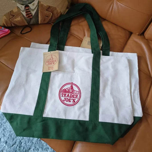 Trader Joe Large Tote Shopping Bag Cotton Canvas Embroidered Bag