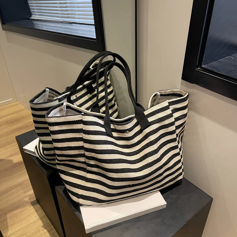 Casual Striped Canvas Bag For Women Large Capacity Shoulder Bag Daily Shopping Totes Student Bookbag for School Travel Beach Bag