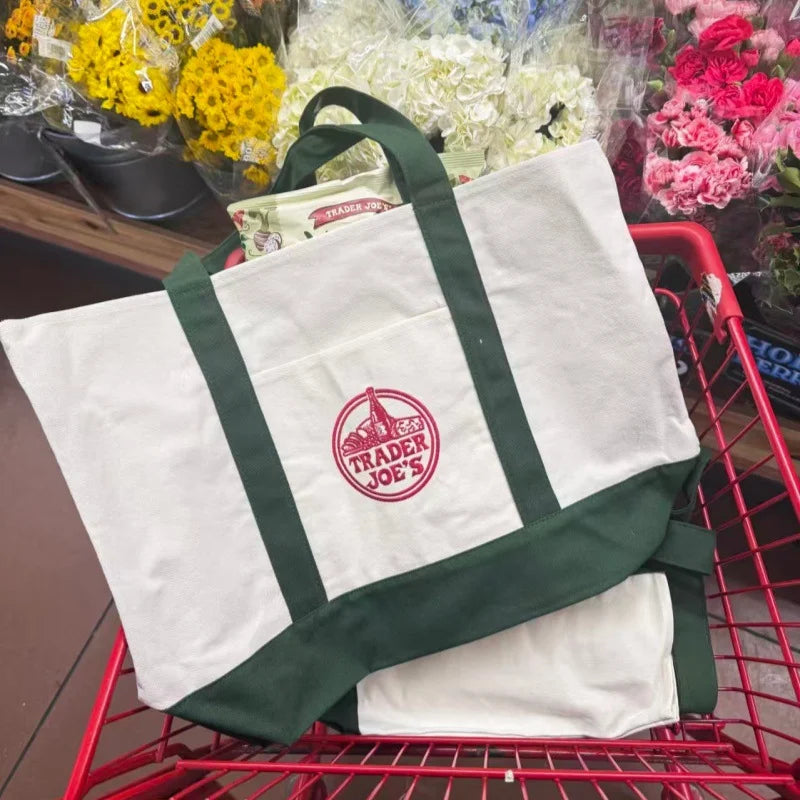Trader Joe Large Tote Shopping Bag Cotton Canvas Embroidered Bag