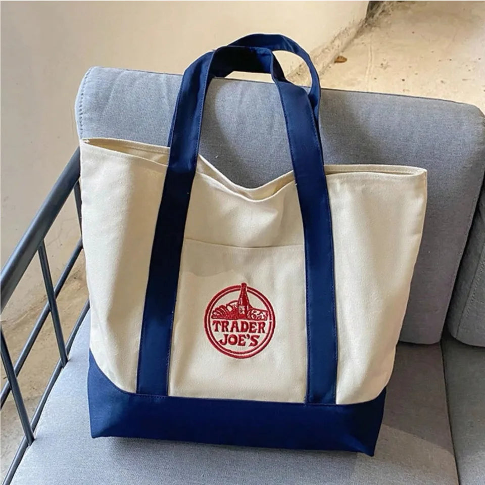 Trader Joe Large Tote Shopping Bag Cotton Canvas Embroidered Bag