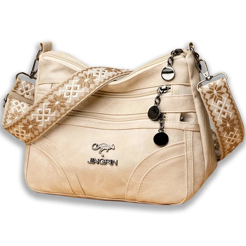 Women Vintage Grey Canvas Shoulder Bag Multi Pocket Crossbody Messenger Bag with Patterned Strap Casual Hobo Handbag for Daily